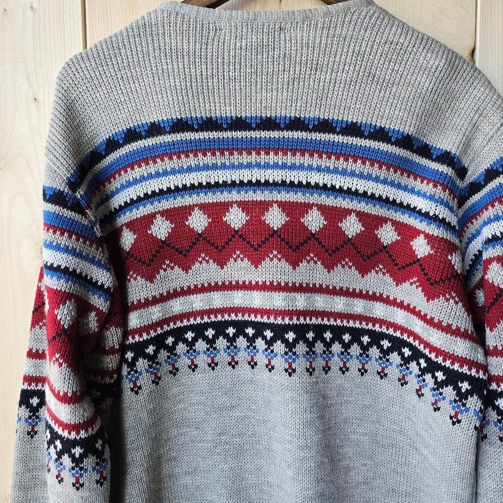 Vintage Banff Nordic Wool Cardigan Button Sweater Grey Red Mens Large - Picture 9 of 11